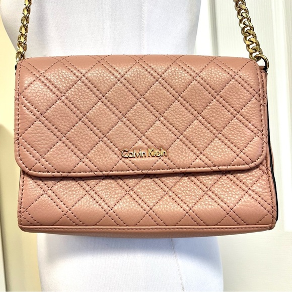 Calvin Klein Permanent Quilted Pebble leather Shoulder Bag flap rusted pink - Picture 3 of 14